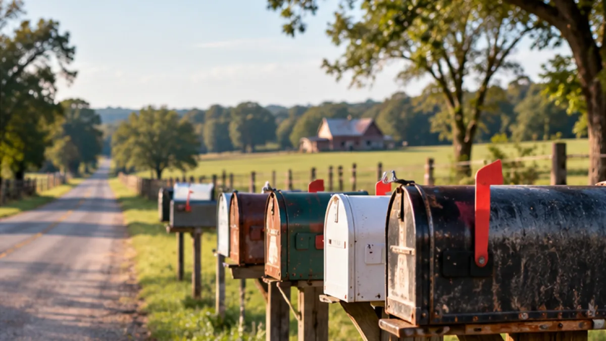 A row of rural mailboxes along a two-lane road in the Alabama countryside, red barn and pasture beyond