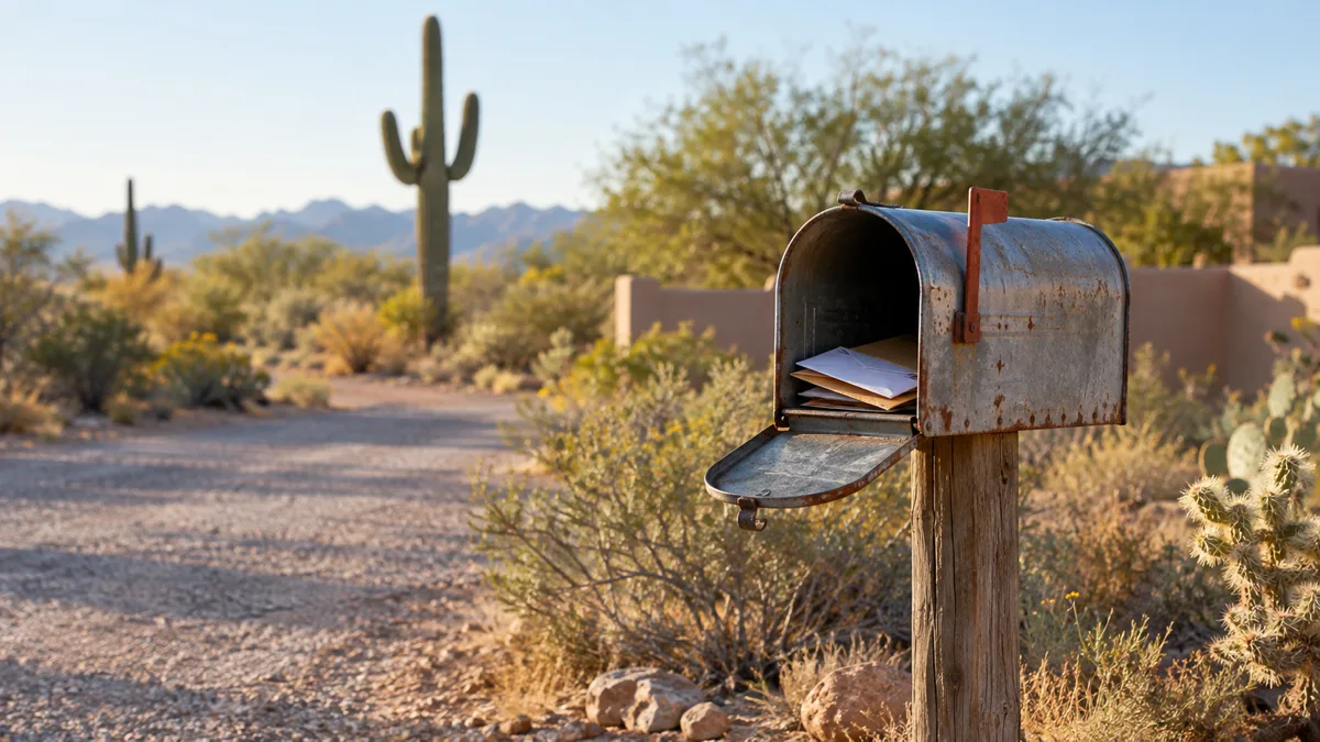 A weathered metal mailbox holding envelopes at the end of a gravel drive in the Sonoran desert, saguaro behind it