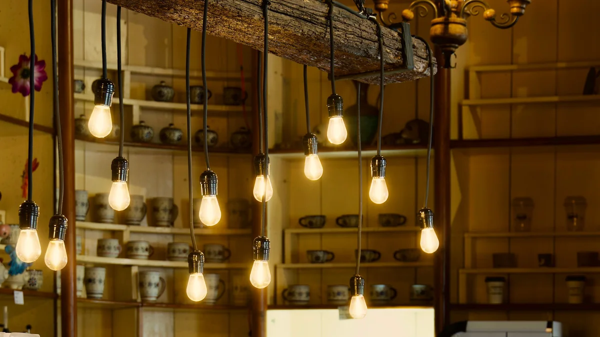 Warm pendant lights over shelving inside a small independent shop