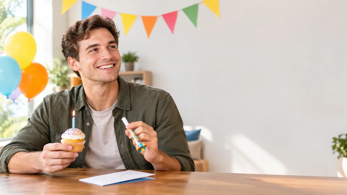 A young man at a table with a cupcake and a lit candle, balloons and bunting behind him, an unopened envelope on the table
