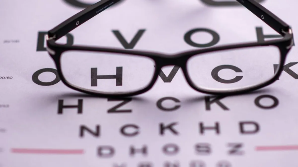 A pair of eyeglasses resting on an eye chart, letters sharp through the lenses