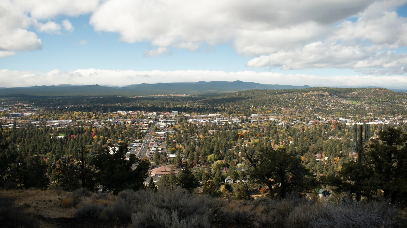 The view over Bend from Pilot Butte, the city spreading west across the high desert toward the Cascade foothills