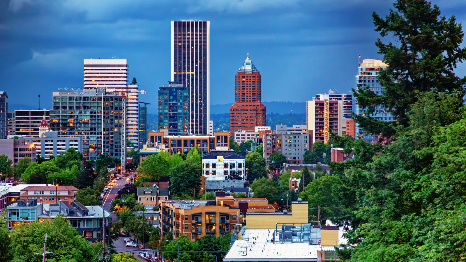 Downtown Portland under storm light, high rises rising above the tree-lined inner neighborhoods of the west side