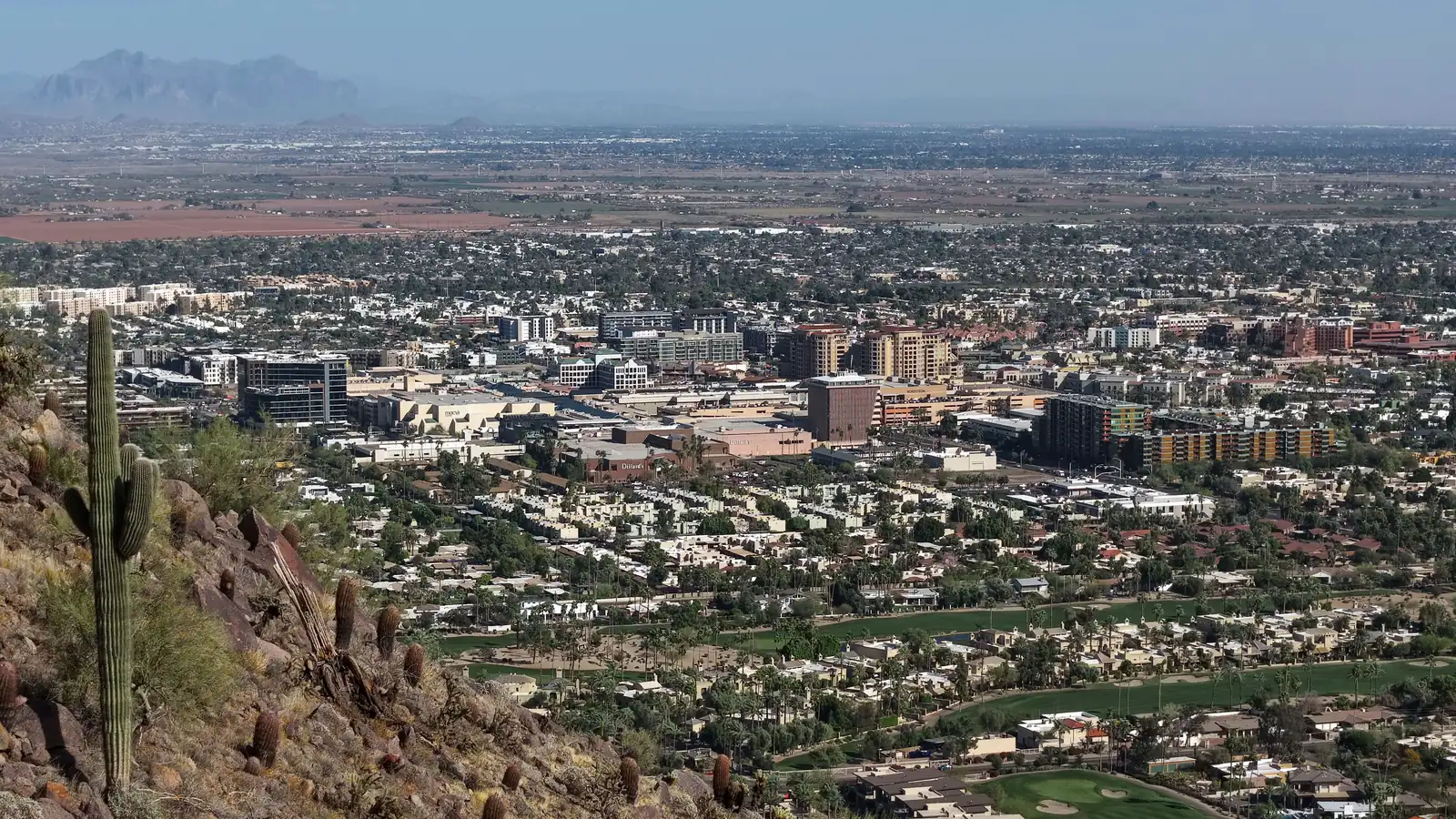 The view west over Scottsdale from the McDowell Mountains, saguaros in the foreground and green fairways and low desert neighborhoods below